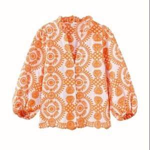 White and Orange Ruffled Blouse with 3/4 Sleeves and Mandarin Collar